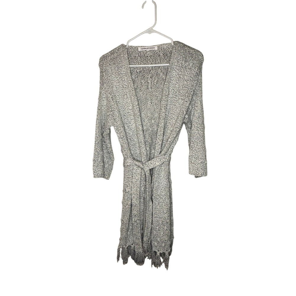 Cupcakes and Cashmere Belted Longline Fringe Knit Cardigan Grey White CI308353 S